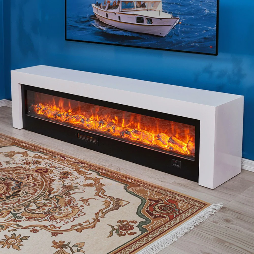 LIVARA 711 Electric Fireplace TV Cabinet - White Solid Wood Frame, 3D Flame Effect, Dual Core Options 12W/750–1500W, 180/200cm - White - Image 9