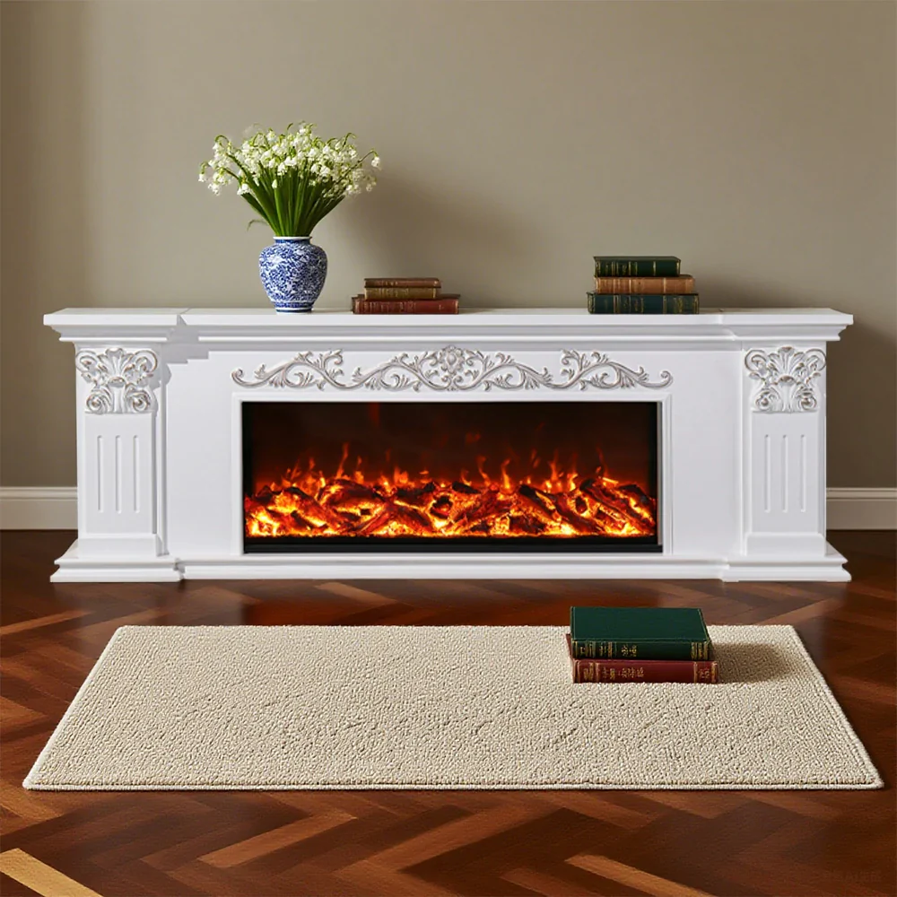 LIVARA 712 Electric Fireplace TV Cabinet – White Solid Wood Frame, 3D Flame Effect, Dual Core Options 12W/750–1500W, Remote Control, Low-Noise Design - Image 4