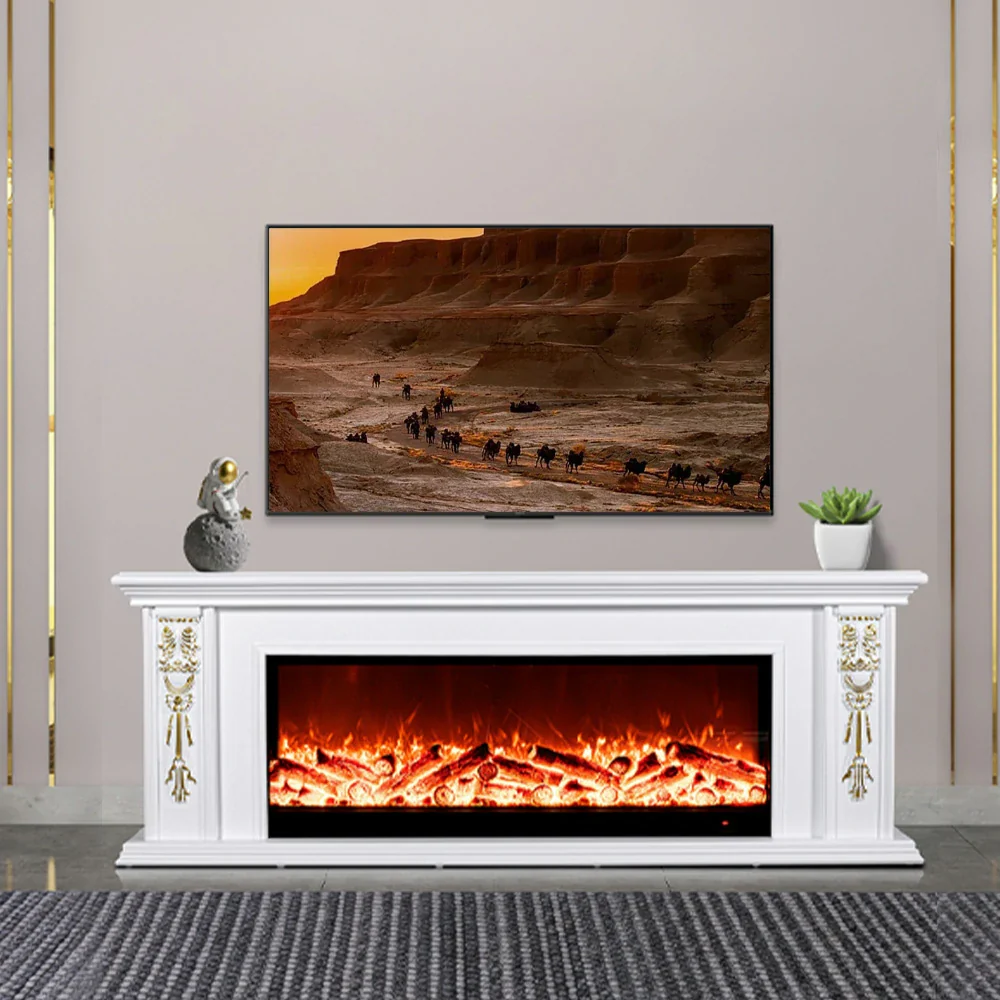 LIVARA 720B Electric Fireplace TV Cabinet – 180cm White Solid Wood Frame, 3D Flame Effect, Remote Control, Dual Core Options 12W/750–1500W - Image 2