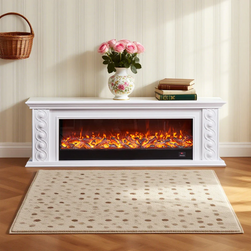 LIVARA 742 Electric Fireplace TV Cabinet – 180cm Solid Wood Frame, 3D Flame Effect, Remote Control, Dual Core Options 12W/750–1500W - White - Image 4