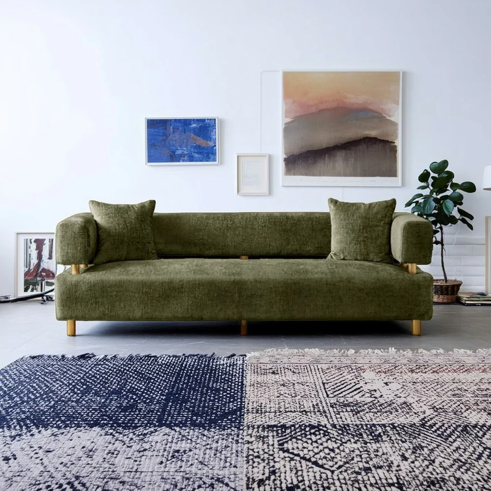 LUXORA Sofa Chenille Fabric Upholstery Solid Wood Frame with Gold Stainless Steel Legs Modern Style - Green - Image 4