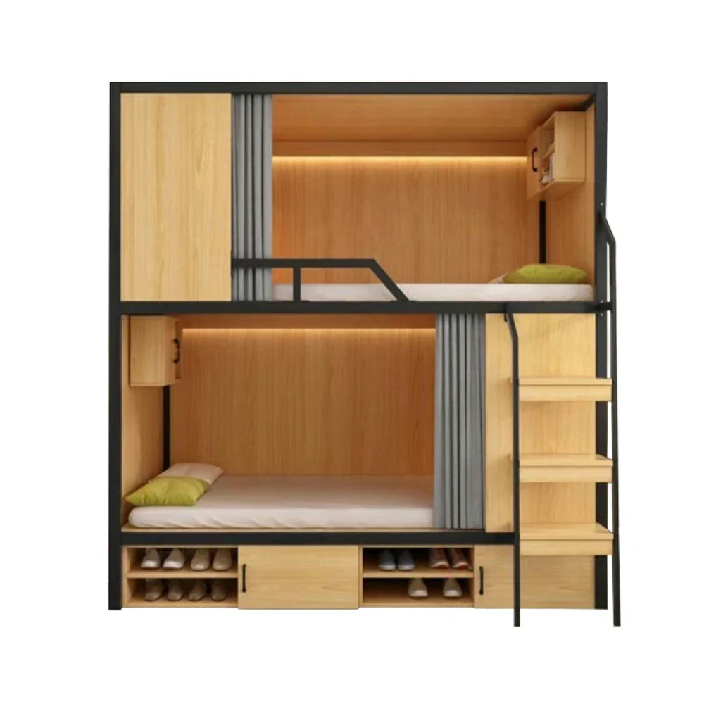 Installation Included LUXORA Dormitory Bunk Bed - 90/120cm Luxury Steel-Wood Design, Eco-Friendly Board, Built-In Storage Shelves & Shoe Cabinet, High Guardrails with Ladder - Natural Finish