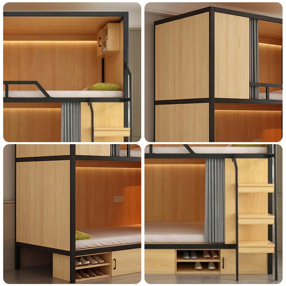 Installation Included LUXORA Dormitory Bunk Bed - 90/120cm Luxury Steel-Wood Design, Eco-Friendly Board, Built-In Storage Shelves & Shoe Cabinet, High Guardrails with Ladder - Natural Finish - Image 3