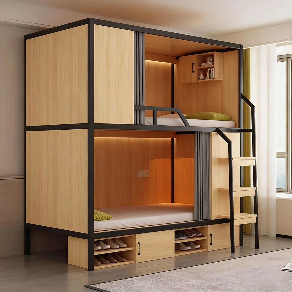 Installation Included LUXORA Dormitory Bunk Bed - 90/120cm Luxury Steel-Wood Design, Eco-Friendly Board, Built-In Storage Shelves & Shoe Cabinet, High Guardrails with Ladder - Natural Finish - Image 4