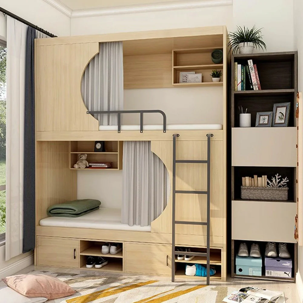 Installation Included LUXORA Dormitory Bunk Bed 90/120cm Crescent Design, Eco-Friendly Board, Built-In Storage Cabinets & Shelves, Safe Guardrails with Ladder - Natural Wood - Image 2