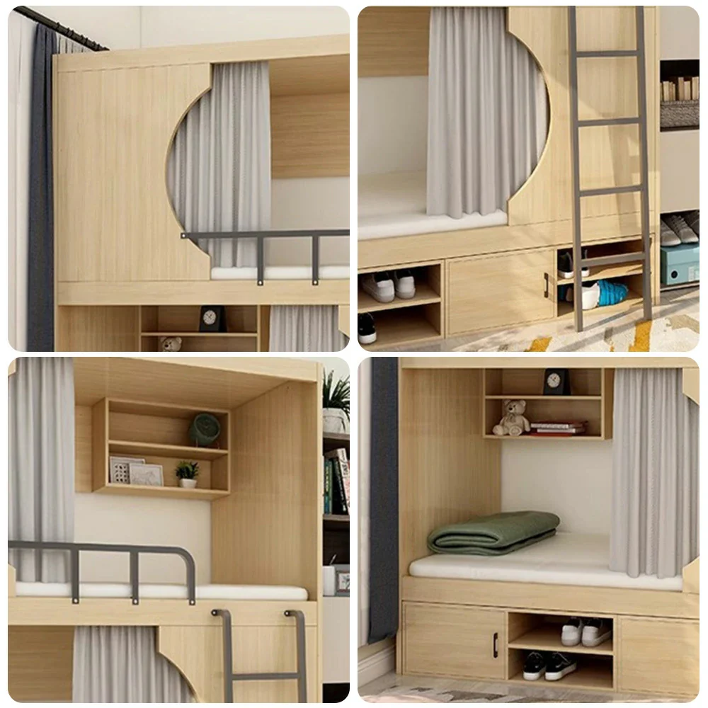 Installation Included LUXORA Dormitory Bunk Bed 90/120cm Crescent Design, Eco-Friendly Board, Built-In Storage Cabinets & Shelves, Safe Guardrails with Ladder - Natural Wood - Image 3