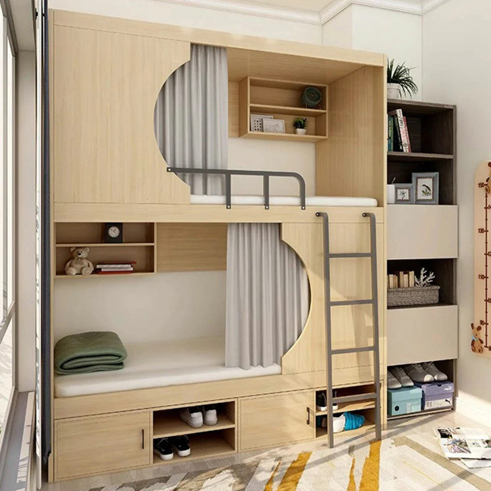 Installation Included LUXORA Dormitory Bunk Bed 90/120cm Crescent Design, Eco-Friendly Board, Built-In Storage Cabinets & Shelves, Safe Guardrails with Ladder - Natural Wood - Image 4