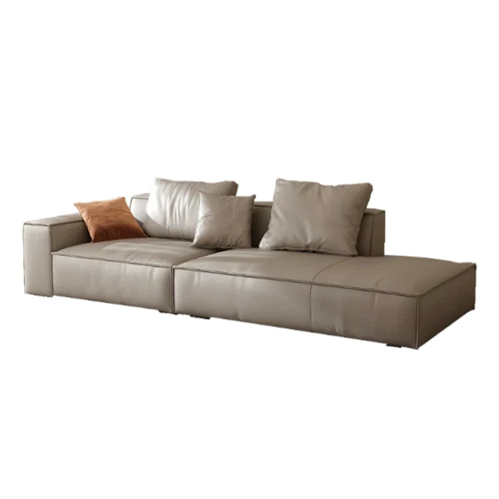 LIVARA 218cm Single-Arm Sofa, Top-Grain Leather Upholstery, Down & Silk Cotton Backrest, Ergonomic Curved Design, Wide Armrest, Soft & Supportive Comfort - Grey