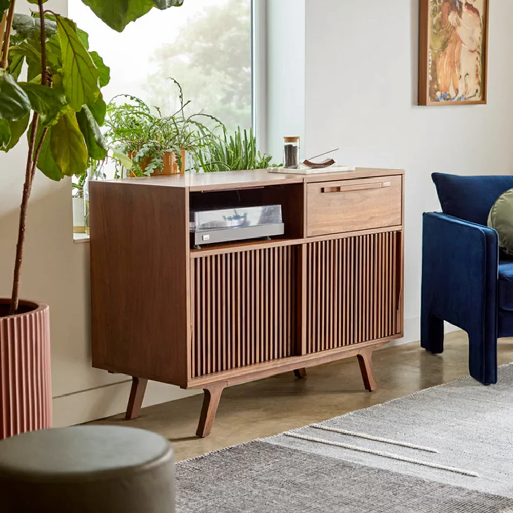 LUXORA Nordic Fluted Storage Cabinet - Solid Wood Sideboard with Drawer, Open Shelf & Double Sliding Doors, Raised Legs Console Unit - Walnut - Image 2