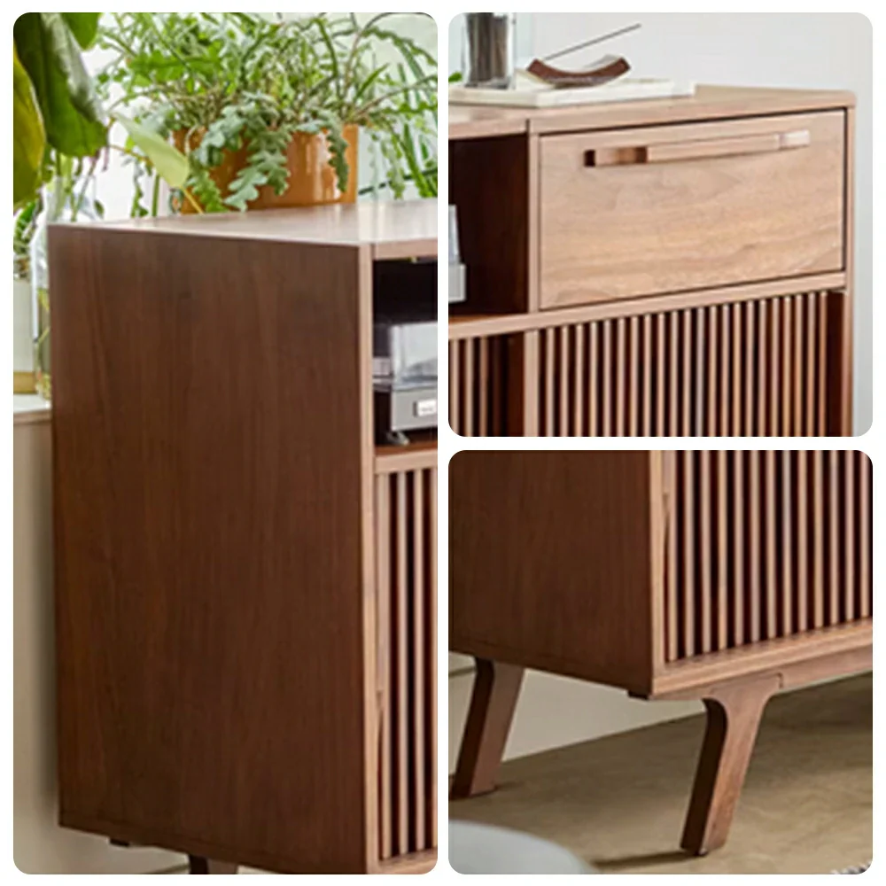 LUXORA Nordic Fluted Storage Cabinet - Solid Wood Sideboard with Drawer, Open Shelf & Double Sliding Doors, Raised Legs Console Unit - Walnut - Image 3