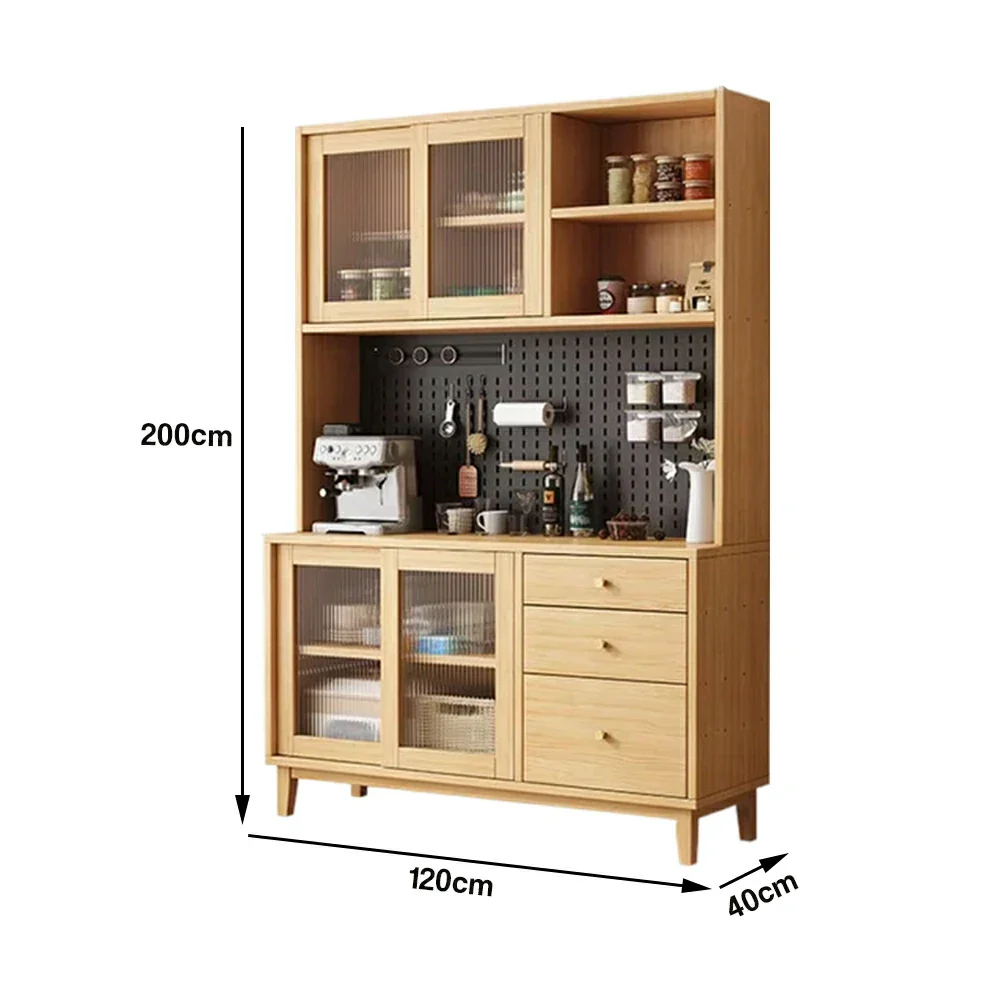 LUXORA 80/120/160cm Kitchen Hutch Cabinet - Tempered Glass Sliding Doors with Solid Pine Construction, Pegboard Storage & Modular Design - Wood - Image 10