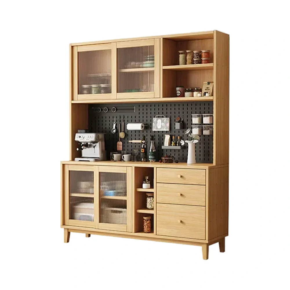 LUXORA 80/120/160cm Kitchen Hutch Cabinet - Tempered Glass Sliding Doors with Solid Pine Construction, Pegboard Storage & Modular Design - Wood - Image 11