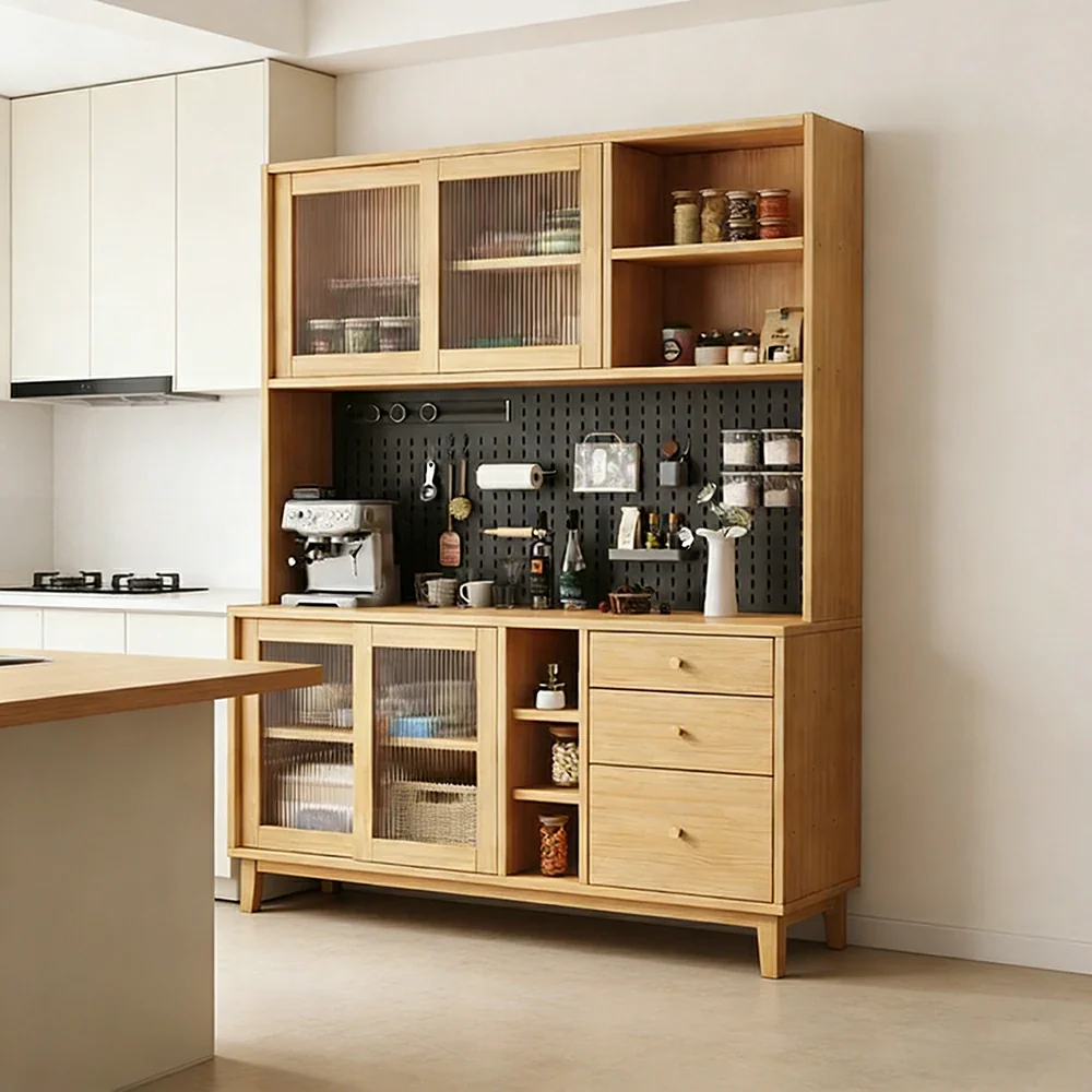 LUXORA 80/120/160cm Kitchen Hutch Cabinet - Tempered Glass Sliding Doors with Solid Pine Construction, Pegboard Storage & Modular Design - Wood - Image 12