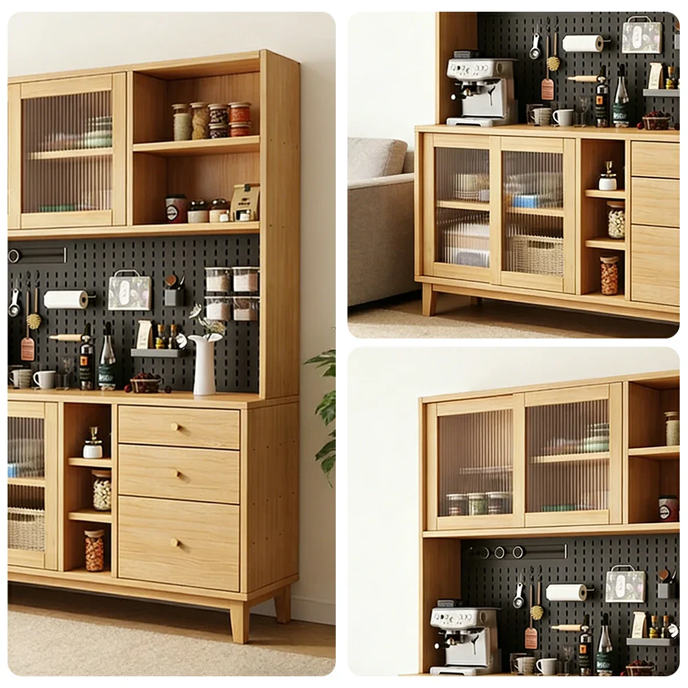LUXORA 80/120/160cm Kitchen Hutch Cabinet - Tempered Glass Sliding Doors with Solid Pine Construction, Pegboard Storage & Modular Design - Wood - Image 13