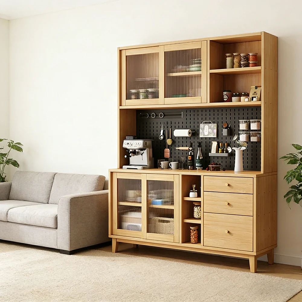 LUXORA 80/120/160cm Kitchen Hutch Cabinet - Tempered Glass Sliding Doors with Solid Pine Construction, Pegboard Storage & Modular Design - Wood - Image 14