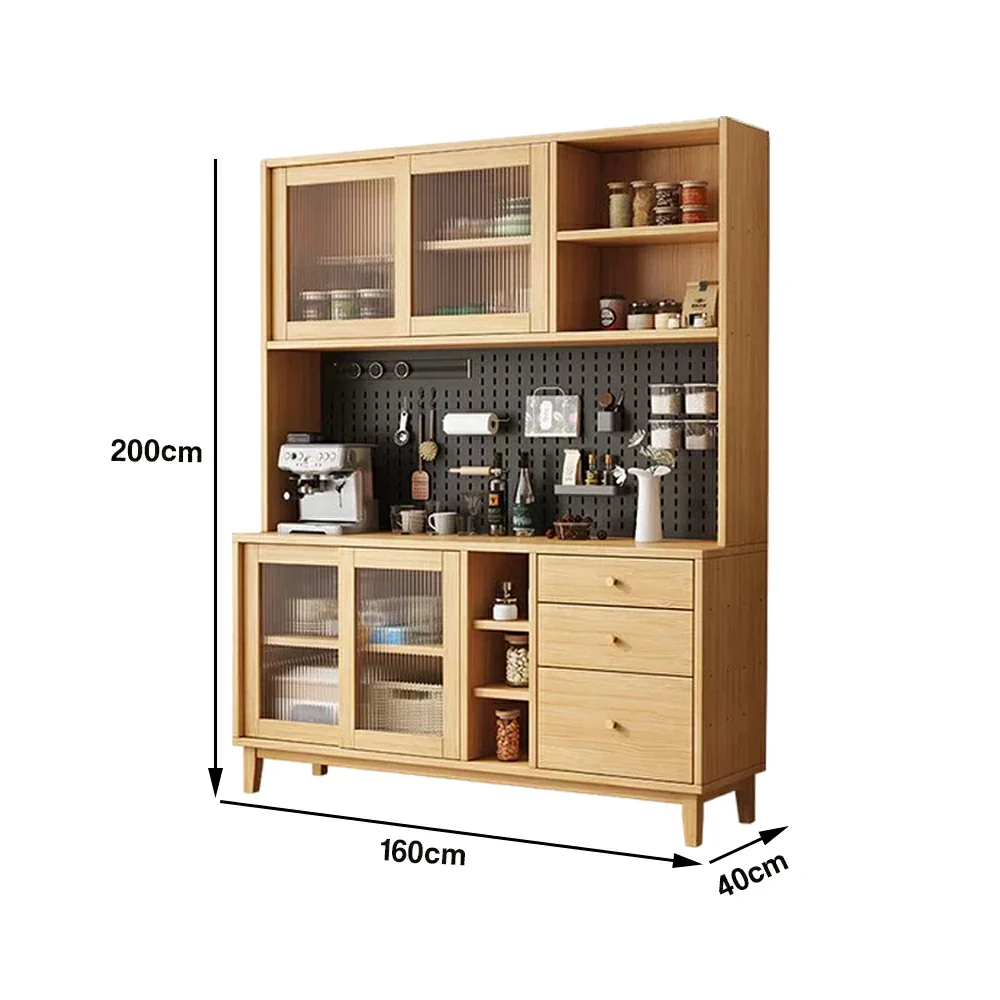 LUXORA 80/120/160cm Kitchen Hutch Cabinet - Tempered Glass Sliding Doors with Solid Pine Construction, Pegboard Storage & Modular Design - Wood - Image 15