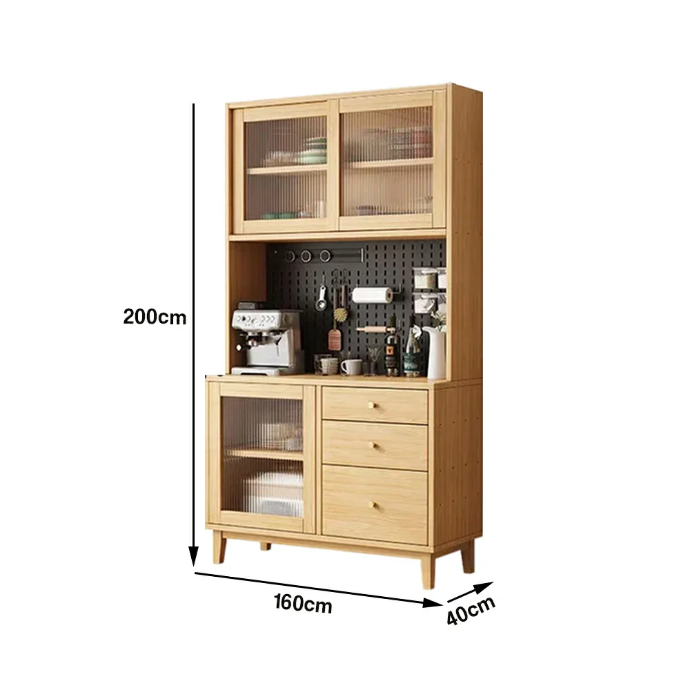 LUXORA 80/120/160cm Kitchen Hutch Cabinet - Tempered Glass Sliding Doors with Solid Pine Construction, Pegboard Storage & Modular Design - Wood - Image 5
