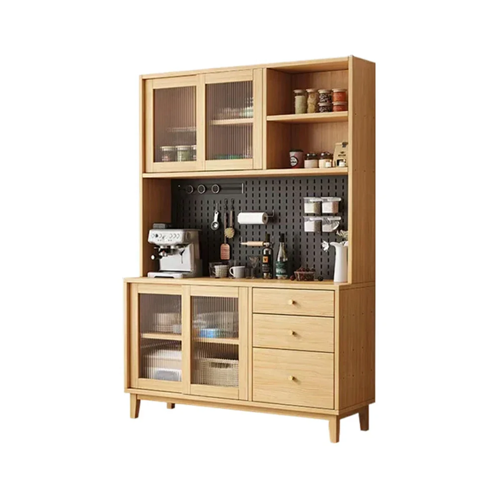 LUXORA 80/120/160cm Kitchen Hutch Cabinet - Tempered Glass Sliding Doors with Solid Pine Construction, Pegboard Storage & Modular Design - Wood - Image 6