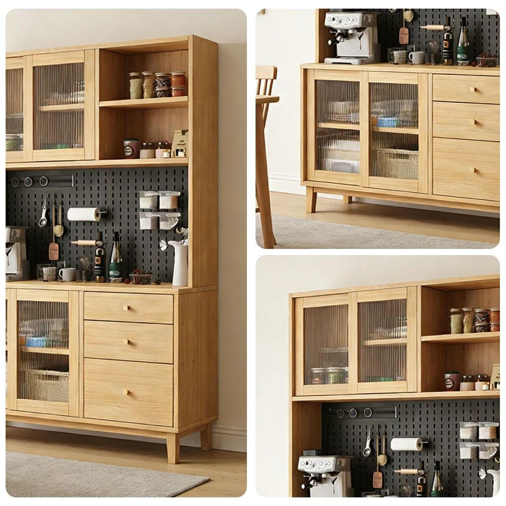 LUXORA 80/120/160cm Kitchen Hutch Cabinet - Tempered Glass Sliding Doors with Solid Pine Construction, Pegboard Storage & Modular Design - Wood - Image 8