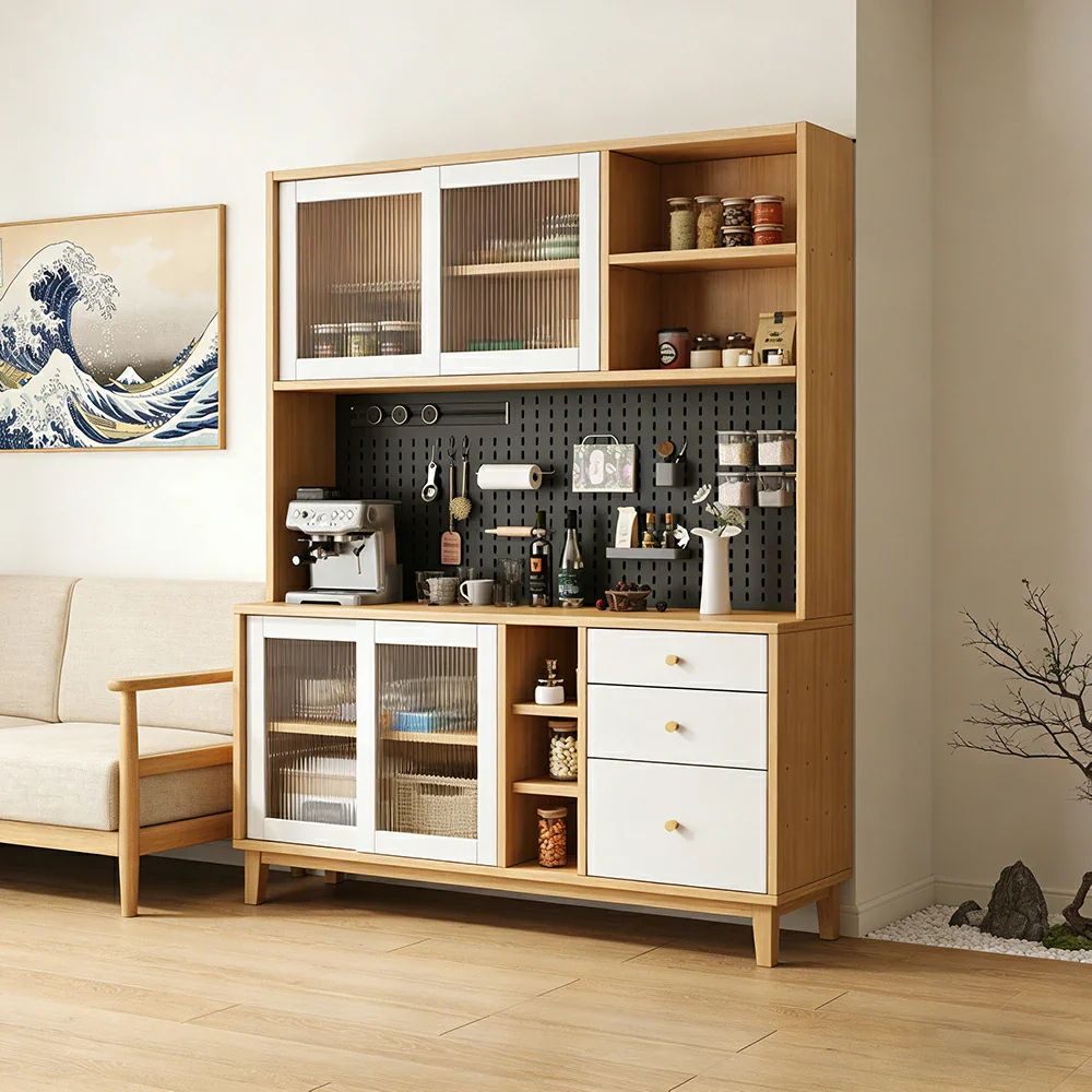 LUXORA 80/120/160cm Kitchen Hutch Cabinet - Tempered Glass Sliding Doors with Solid Pine Construction, Pegboard Storage & Modular Design - White - Image 14