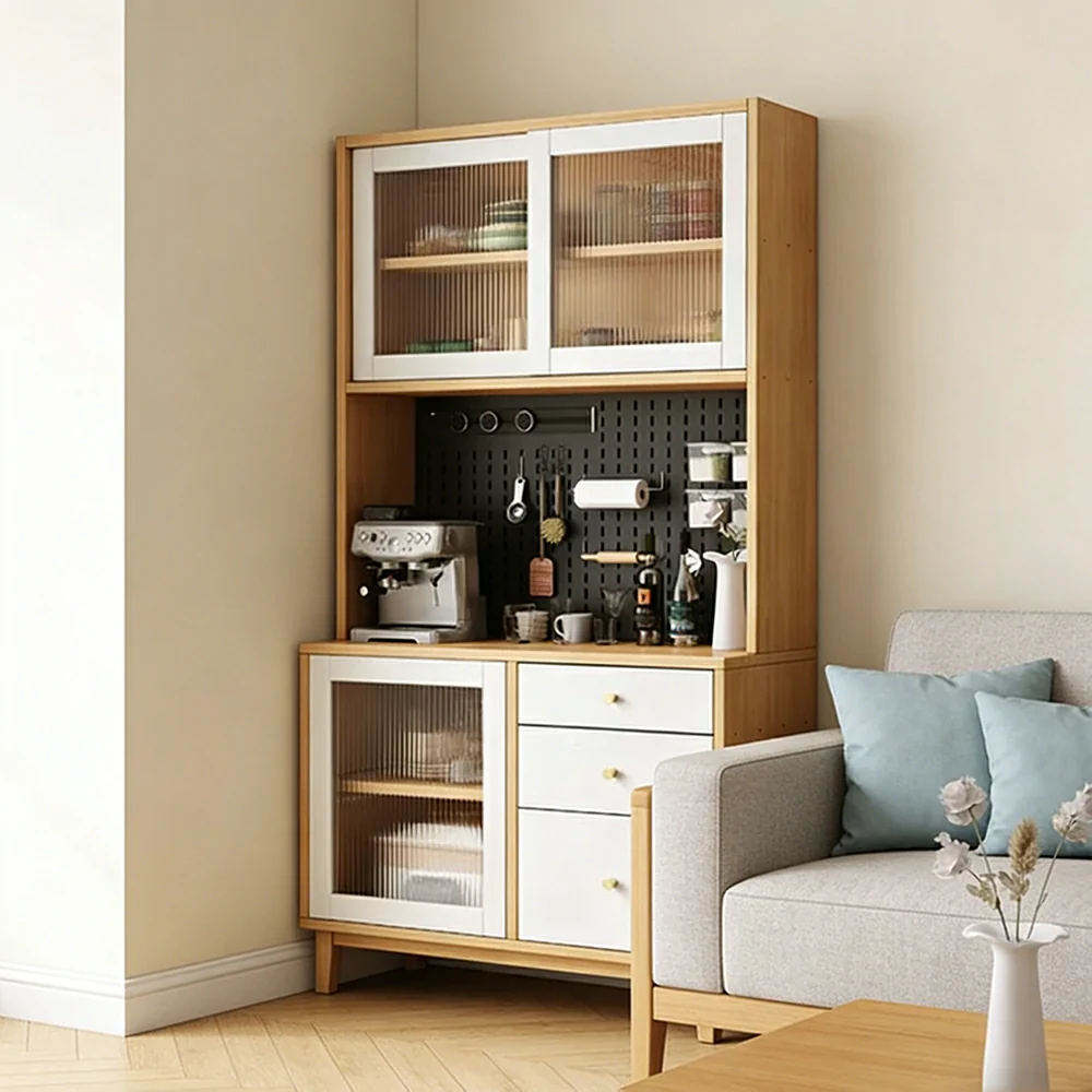 LUXORA 80/120/160cm Kitchen Hutch Cabinet - Tempered Glass Sliding Doors with Solid Pine Construction, Pegboard Storage & Modular Design - White - Image 2