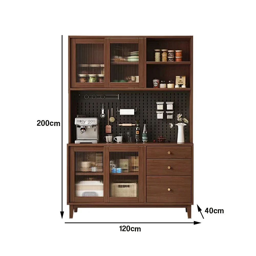 LUXORA 80/120/160cm Kitchen Hutch Cabinet - Tempered Glass Sliding Doors with Solid Pine Construction, Pegboard Storage & Modular Design - Walnut - Image 10