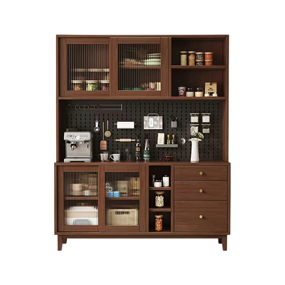 LUXORA 80/120/160cm Kitchen Hutch Cabinet - Tempered Glass Sliding Doors with Solid Pine Construction, Pegboard Storage & Modular Design - Walnut - Image 11