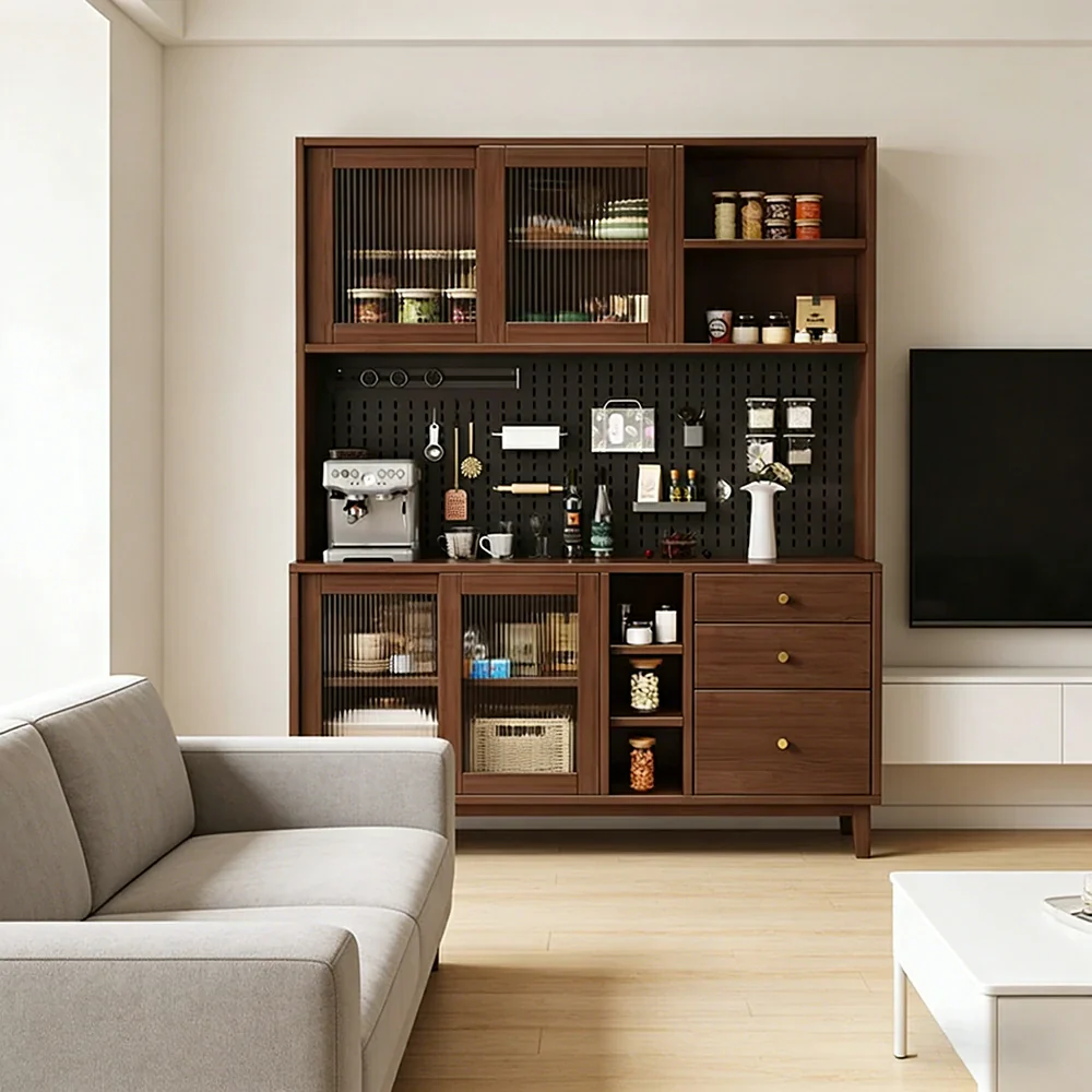 LUXORA 80/120/160cm Kitchen Hutch Cabinet - Tempered Glass Sliding Doors with Solid Pine Construction, Pegboard Storage & Modular Design - Walnut - Image 12