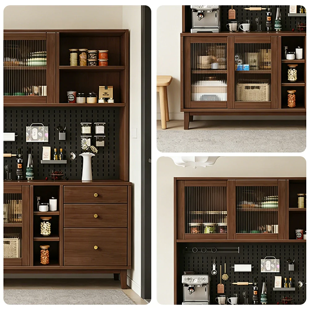 LUXORA 80/120/160cm Kitchen Hutch Cabinet - Tempered Glass Sliding Doors with Solid Pine Construction, Pegboard Storage & Modular Design - Walnut - Image 13