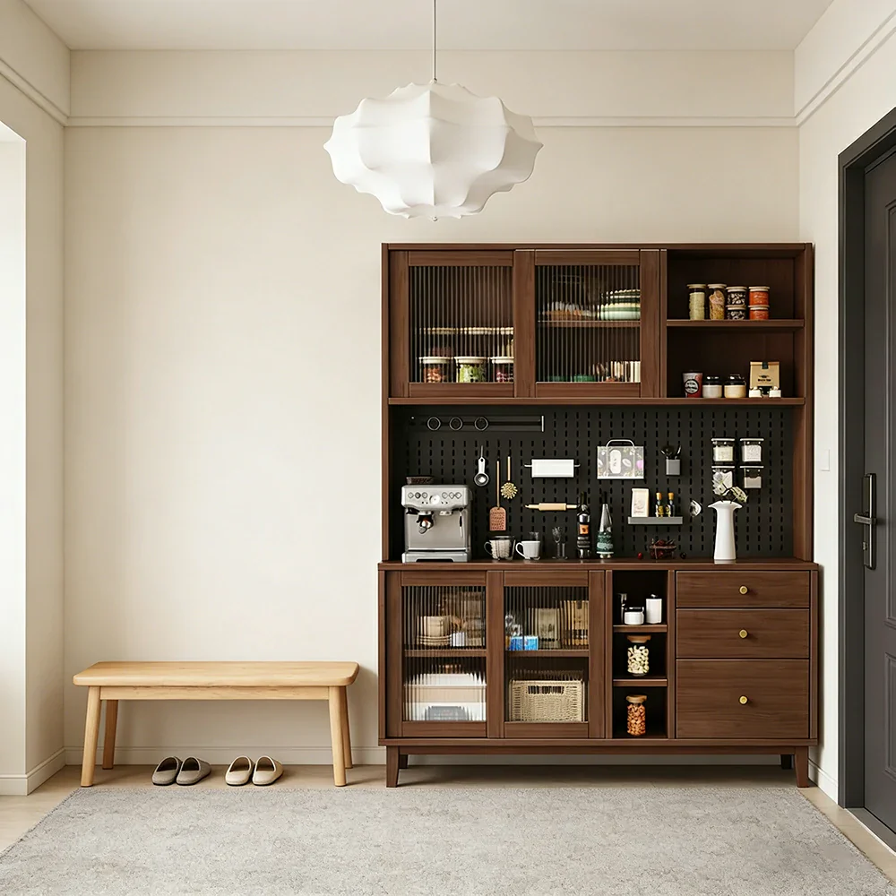LUXORA 80/120/160cm Kitchen Hutch Cabinet - Tempered Glass Sliding Doors with Solid Pine Construction, Pegboard Storage & Modular Design - Walnut - Image 14