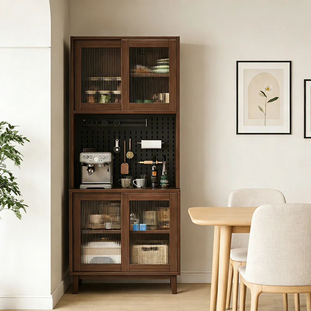 LUXORA 80/120/160cm Kitchen Hutch Cabinet - Tempered Glass Sliding Doors with Solid Pine Construction, Pegboard Storage & Modular Design - Walnut - Image 4