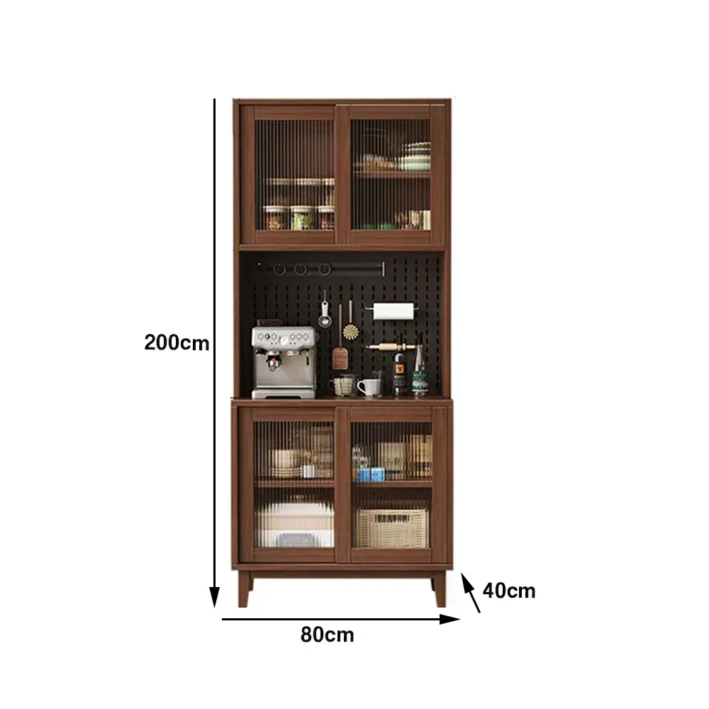 LUXORA 80/120/160cm Kitchen Hutch Cabinet - Tempered Glass Sliding Doors with Solid Pine Construction, Pegboard Storage & Modular Design - Walnut - Image 5