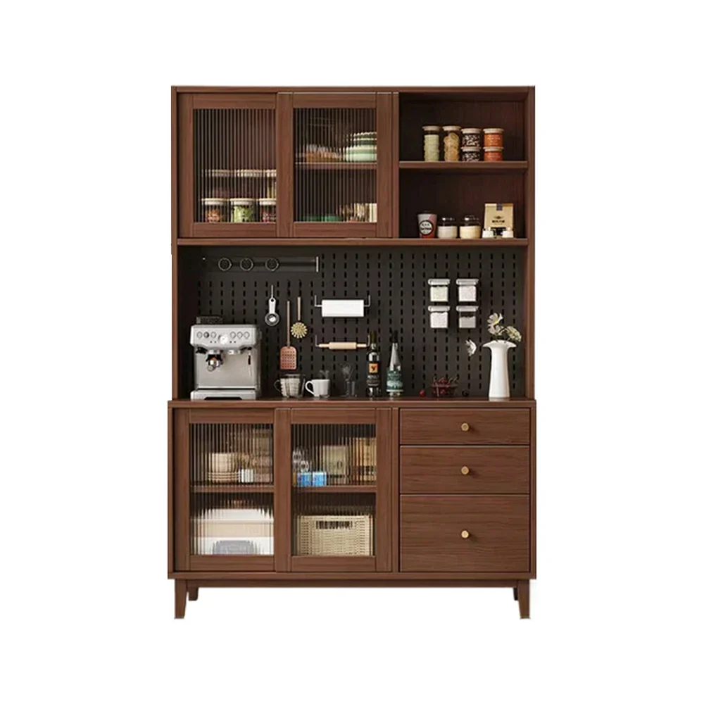 LUXORA 80/120/160cm Kitchen Hutch Cabinet - Tempered Glass Sliding Doors with Solid Pine Construction, Pegboard Storage & Modular Design - Walnut - Image 6