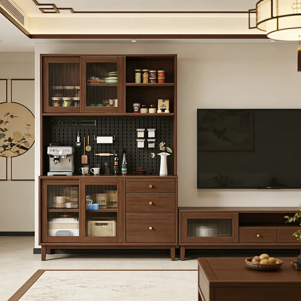LUXORA 80/120/160cm Kitchen Hutch Cabinet - Tempered Glass Sliding Doors with Solid Pine Construction, Pegboard Storage & Modular Design - Walnut - Image 7