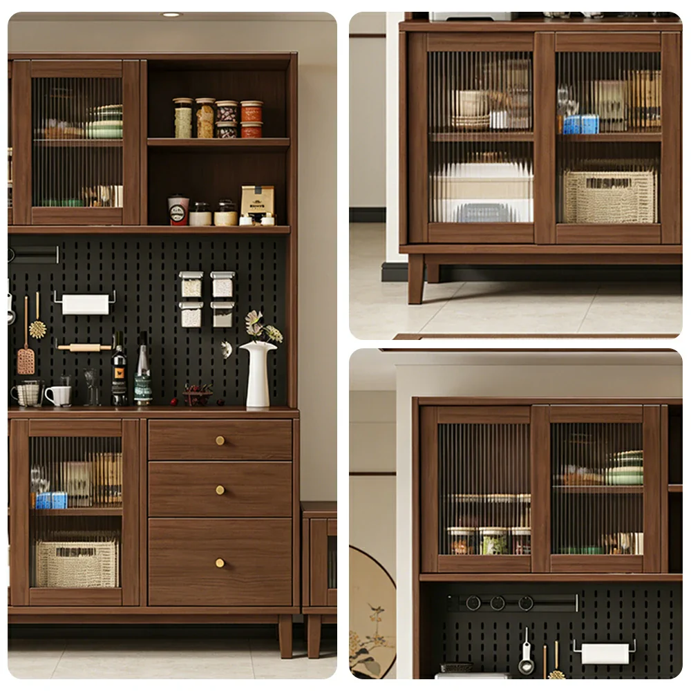 LUXORA 80/120/160cm Kitchen Hutch Cabinet - Tempered Glass Sliding Doors with Solid Pine Construction, Pegboard Storage & Modular Design - Walnut - Image 8
