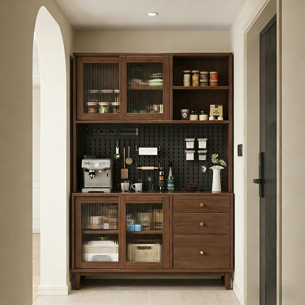 LUXORA 80/120/160cm Kitchen Hutch Cabinet - Tempered Glass Sliding Doors with Solid Pine Construction, Pegboard Storage & Modular Design - Walnut - Image 9