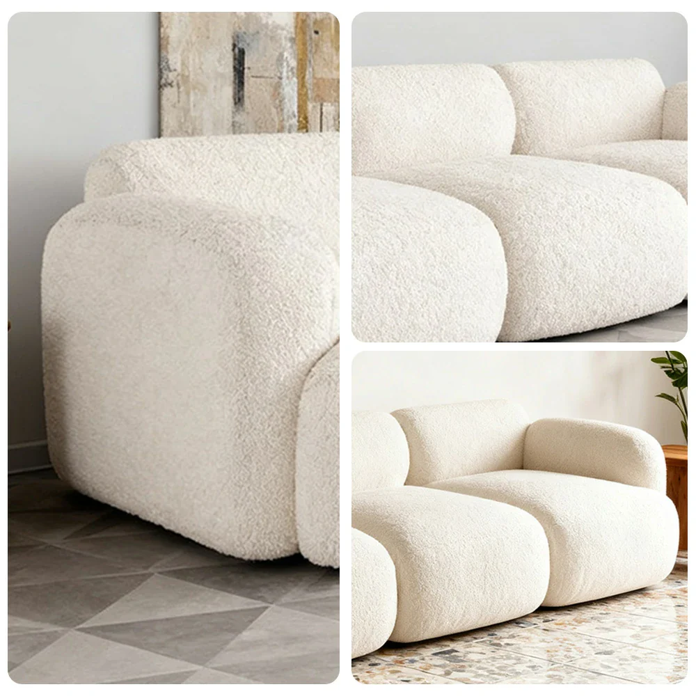 LUXORA Sofa High-Density Memory Foam Faux Lambswool Upholstery Russian Larch Wood Frame Modern Style - White - Image 3
