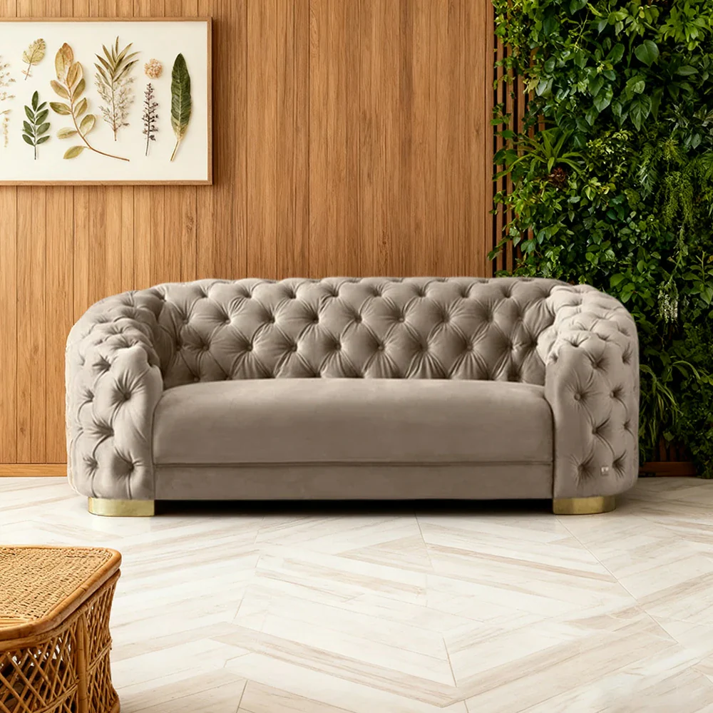LUXORA Modern Sofa Soft Velvet Fabric Gold Stainless Steel Legs High-Density Foam Filling Curved Backrest - Beige - Image 2