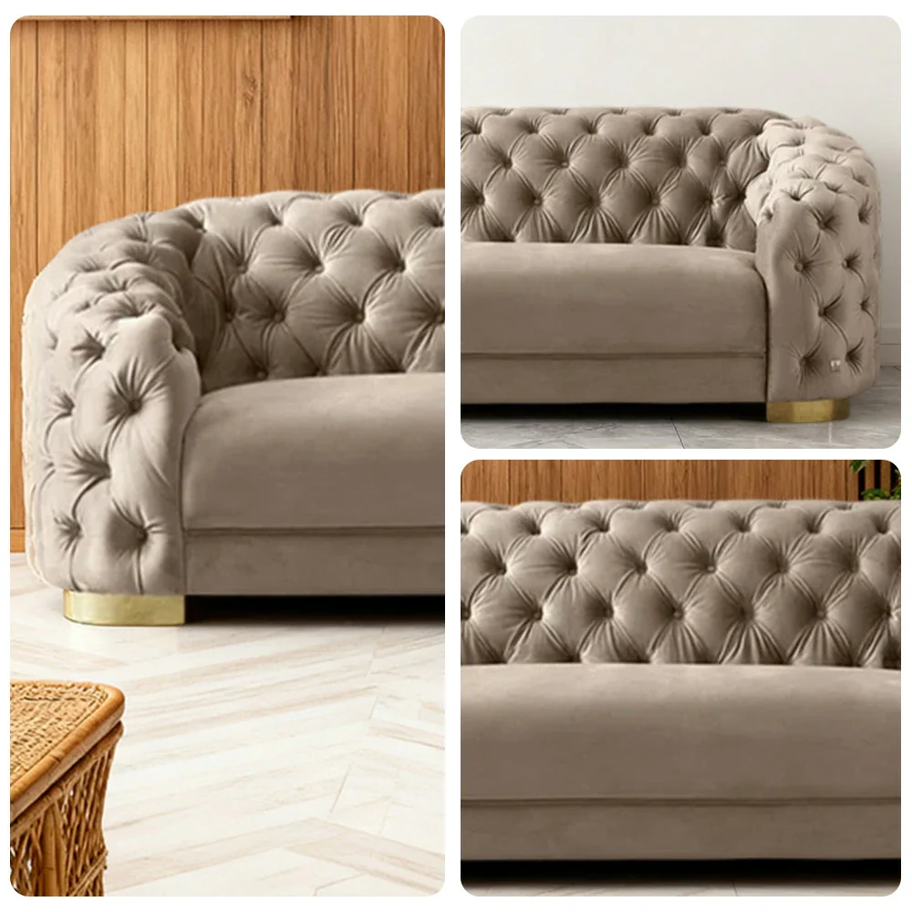 LUXORA Modern Sofa Soft Velvet Fabric Gold Stainless Steel Legs High-Density Foam Filling Curved Backrest - Beige - Image 3