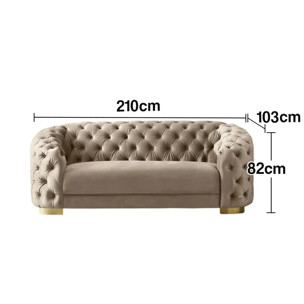 LUXORA Modern Sofa Soft Velvet Fabric Gold Stainless Steel Legs High-Density Foam Filling Curved Backrest - Beige - Image 5
