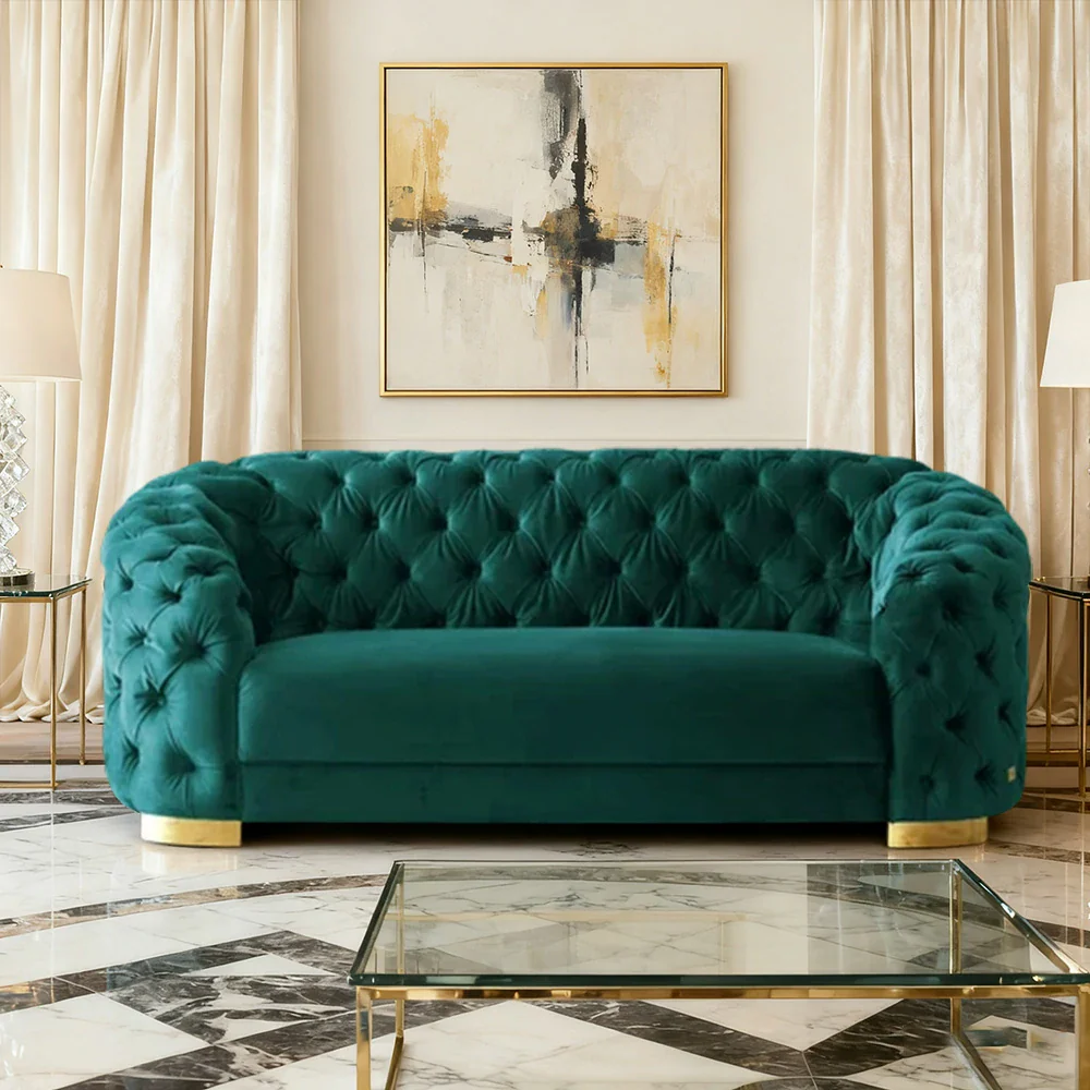LUXORA Modern Sofa Soft Velvet Fabric Gold Stainless Steel Legs High-Density Foam Filling Curved Backrest - Blue - Image 4