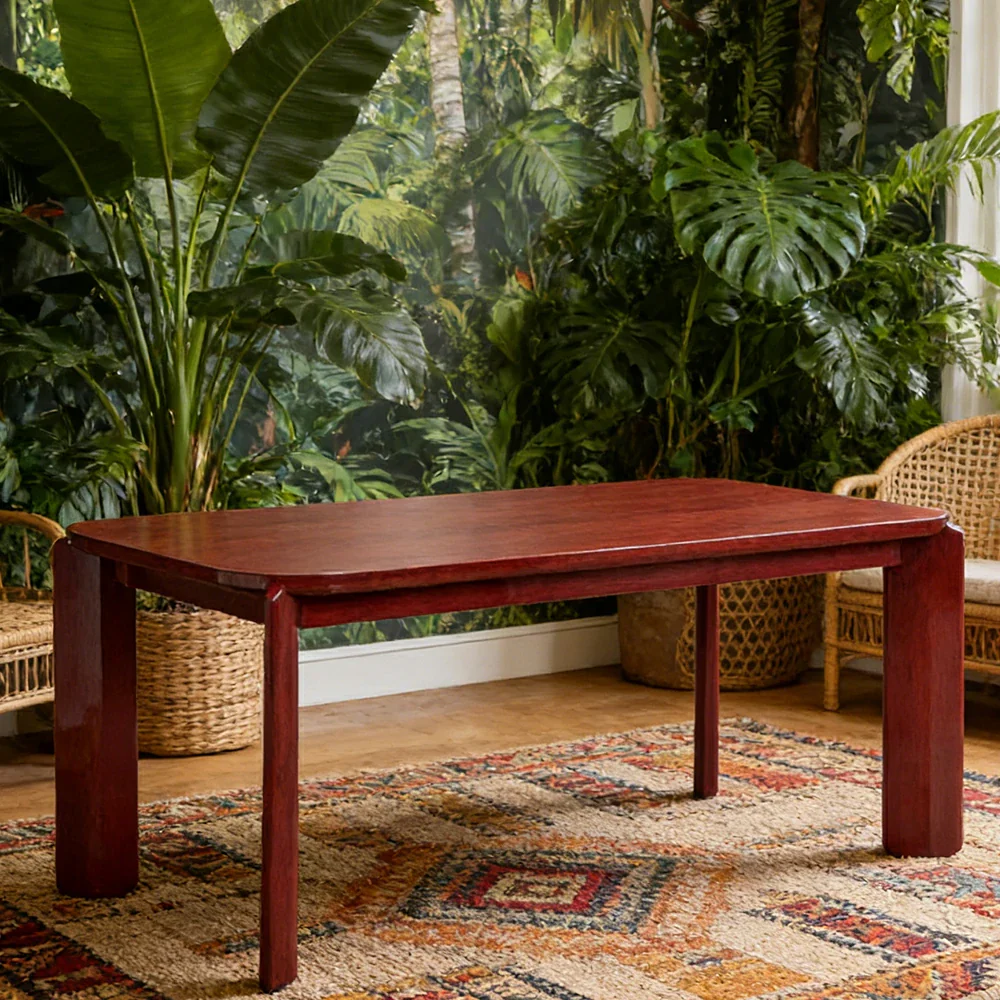 LUXORA 140/160cm Solid Wood Dining Table - Rounded Edge Design, Stable Thick Legs, Modern Artistic Table for Dining & Living Spaces - Wine Red - Image 2