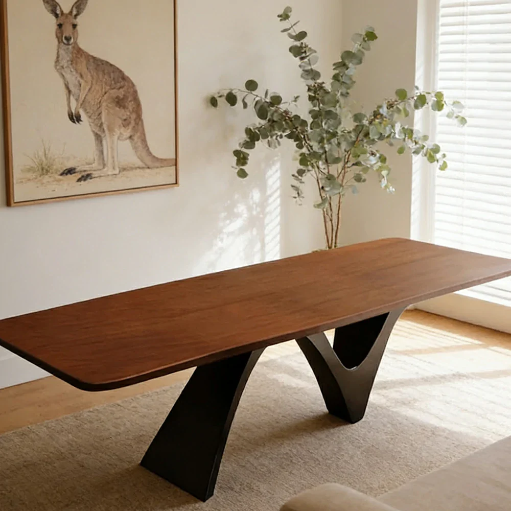 LUXORA 140/160cm New Zealand Pine Solid Wood Dining Table - Sculptural V-Leg Design, Thick Wood Top, Coastal & Modern Dining Table - Walnut Black - Image 4