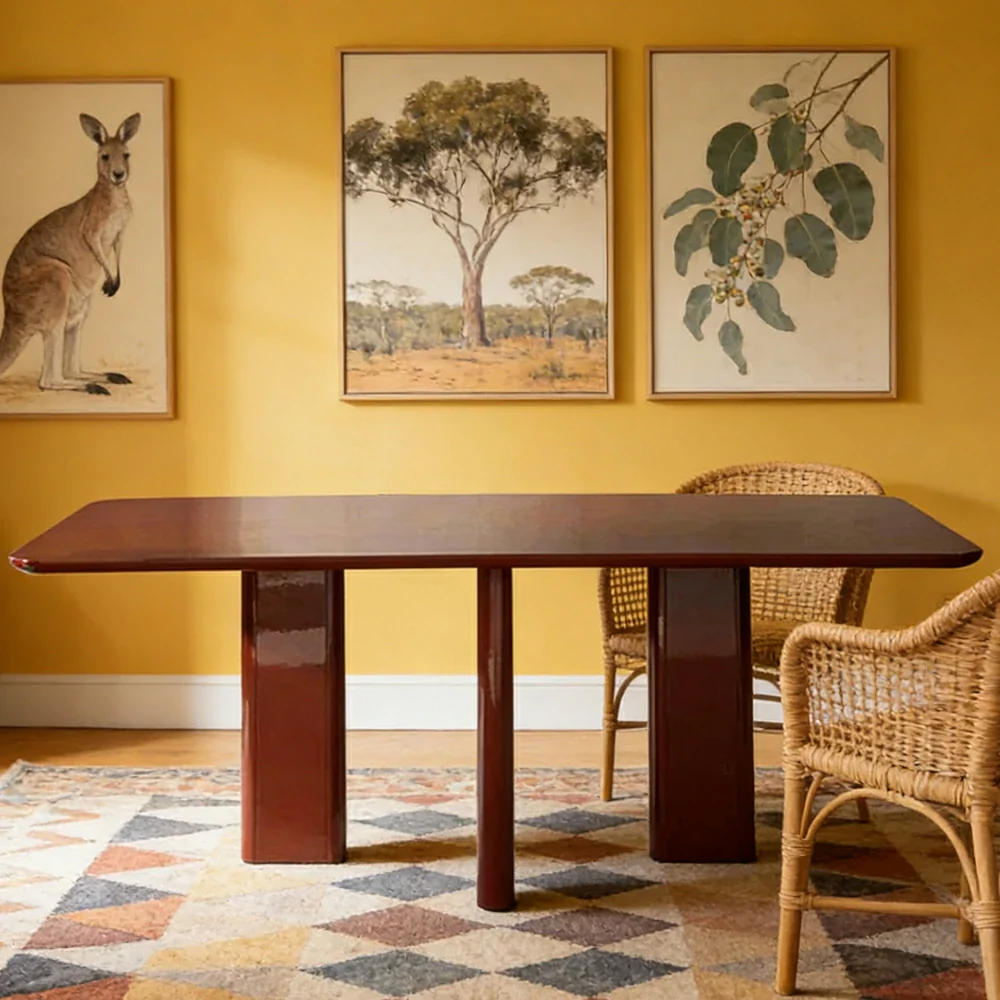LUXORA 140/160cm Minimalist Solid Wood Long Table - Designer Full Wood Construction, Clean Lines, Modern Dining & Work Table - Burgundy Red - Image 2