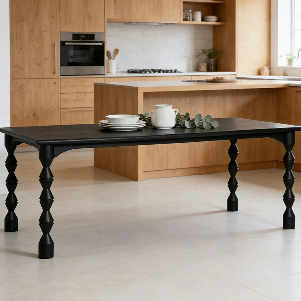 LUXORA 140/160cm American Solid Wood Dining Table - Turned Leg Design, Rustic Vintage Style, Durable Table for Dining & Living Spaces - Black - Image 2