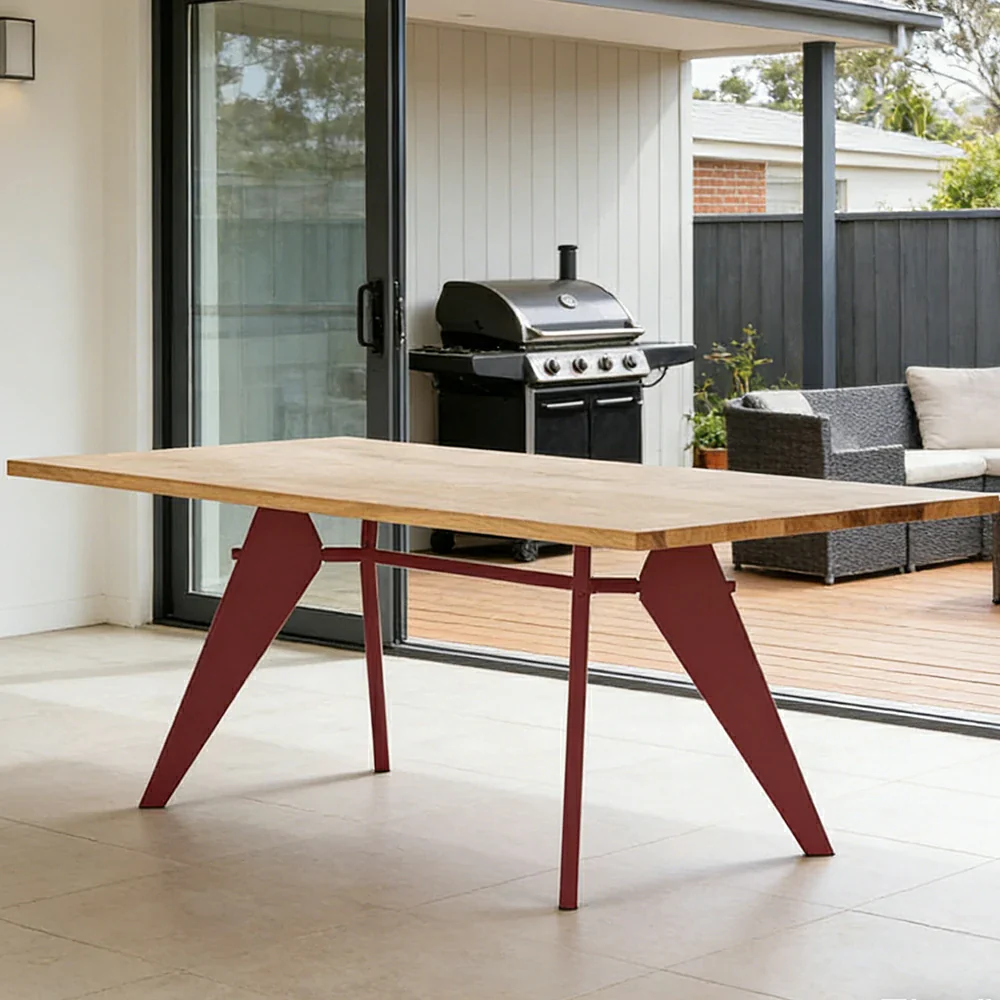 LUXORA 140/160cm Imported New Zealand Pine Solid Wood Dining Table - Nordic Bauhaus Design, Thick Wood Top, Stable Metal Legs for Dining & Work Spaces - Natural & Red - Image 2
