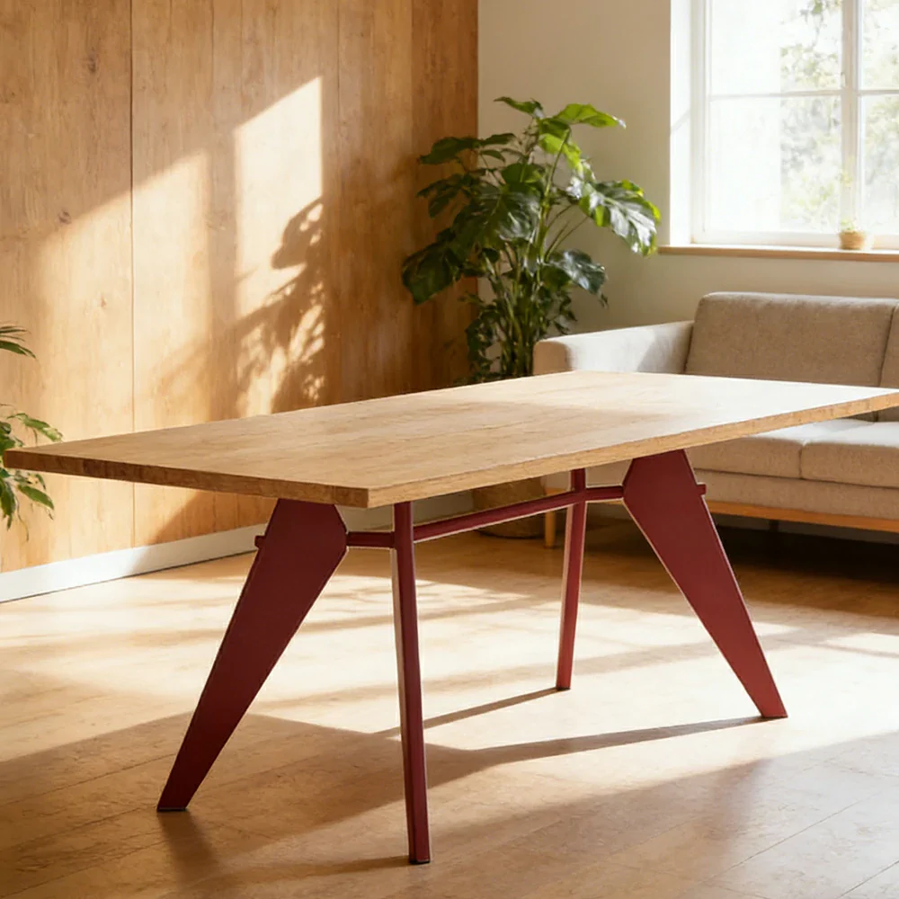 LUXORA 140/160cm Imported New Zealand Pine Solid Wood Dining Table - Nordic Bauhaus Design, Thick Wood Top, Stable Metal Legs for Dining & Work Spaces - Natural & Red - Image 4