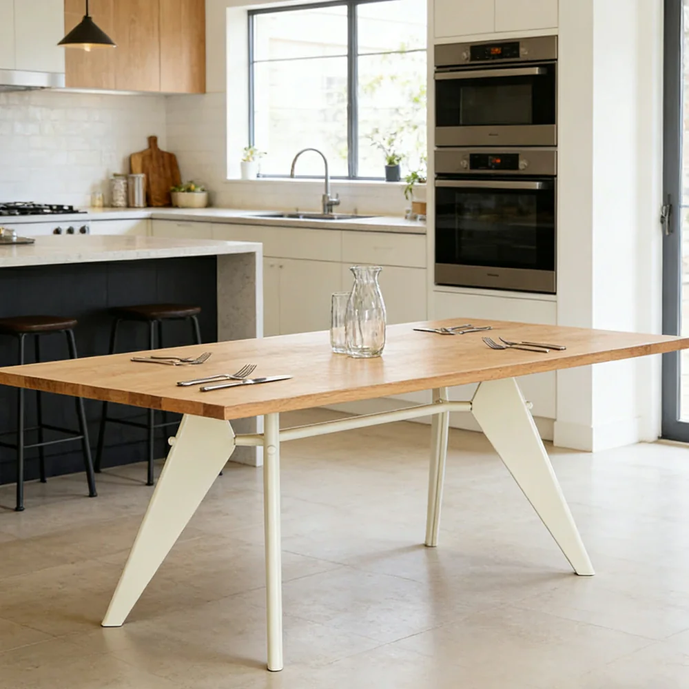 LUXORA 140/160cm New Zealand Pine Solid Wood Dining Table - Nordic Bauhaus Design, Thick Wood Top, Stable Metal Legs for Dining & Work Spaces - Natural & Beige - Image 2