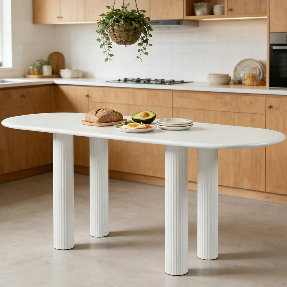 LUXORA 140/160cm French Solid Wood Long Table - Cream Minimalist Design, Rounded Edges, Stable Pedestal Legs for Dining & Living Spaces - Beige - Image 2