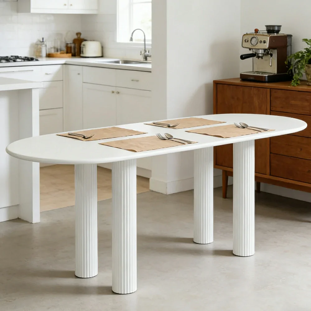 LUXORA 140/160cm French Solid Wood Long Table - Cream Minimalist Design, Rounded Edges, Stable Pedestal Legs for Dining & Living Spaces - Beige - Image 4